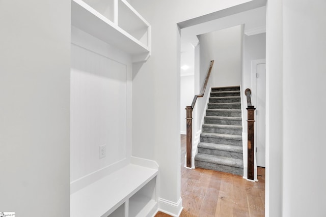 mudroom with light hardwood / wood-style floors and crown molding