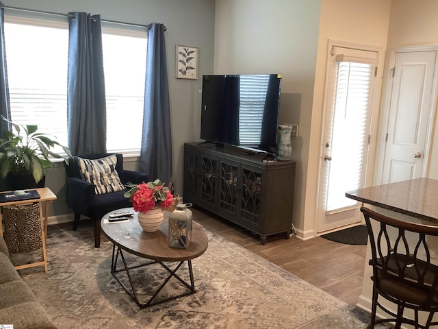 living room featuring a wealth of natural light and hardwood / wood-style floors