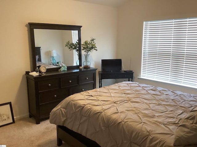 bedroom featuring light colored carpet