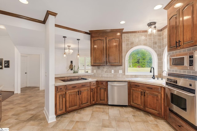 kitchen featuring sink, appliances with stainless steel finishes, backsplash, hanging light fixtures, and ornamental molding