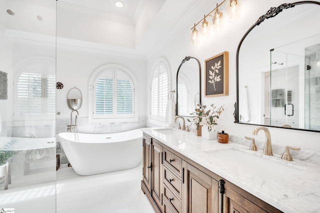 bathroom featuring vanity, separate shower and tub, and tile walls