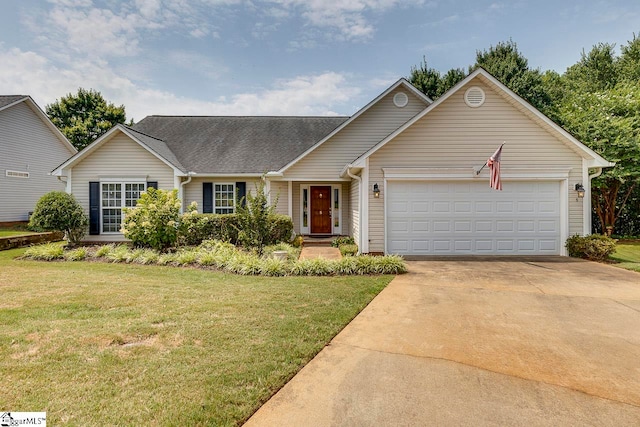 single story home featuring a garage and a front lawn