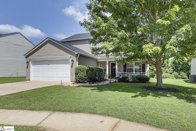 view of front facade featuring central air condition unit, a porch, concrete driveway, an attached garage, and a front yard