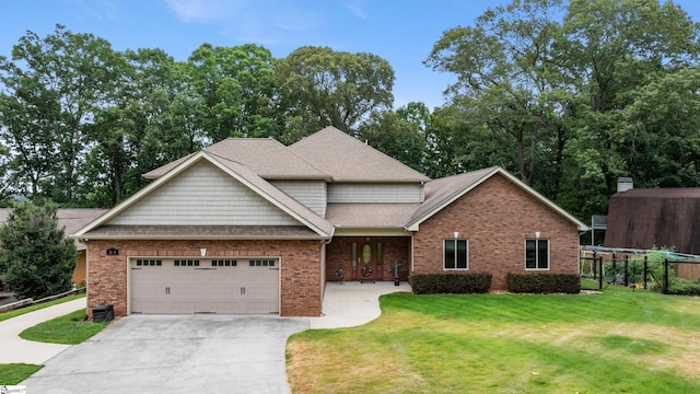 view of front of property featuring a front lawn, an attached garage, brick siding, and concrete driveway