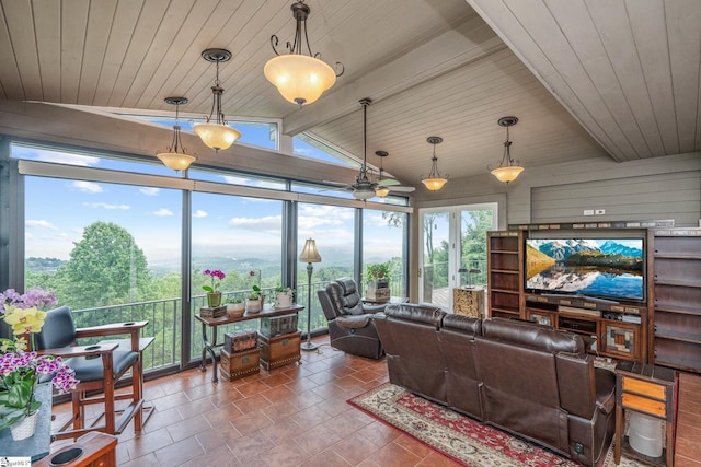 living room with wood ceiling, vaulted ceiling with beams, and ceiling fan