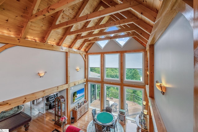 living room featuring a skylight, wooden ceiling, wood finished floors, high vaulted ceiling, and beam ceiling