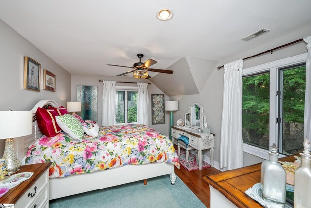 bedroom featuring hardwood / wood-style flooring and ceiling fan