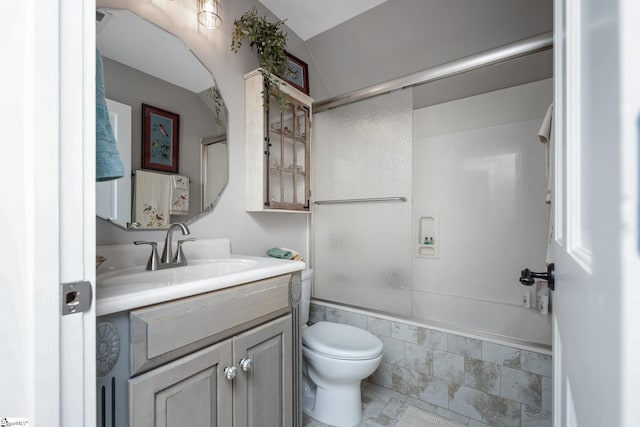 full bath featuring toilet, shower / tub combination, and vanity