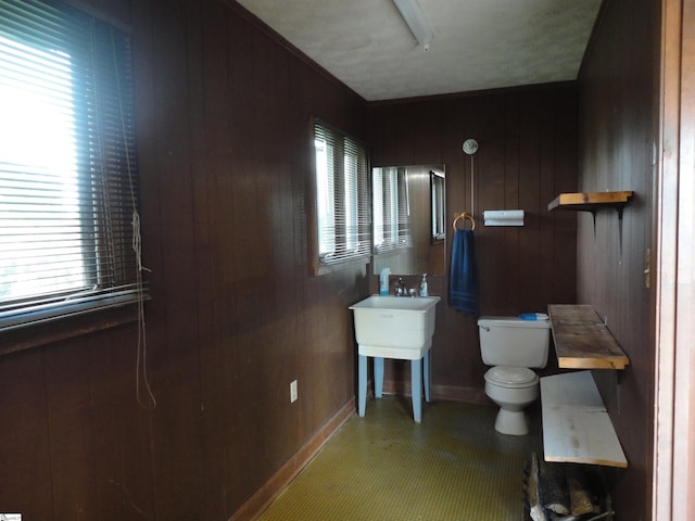 bathroom with wooden walls and toilet