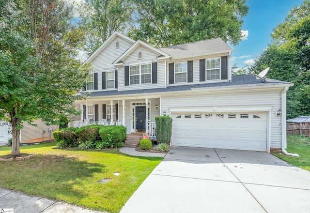 view of front of house featuring a garage, a front yard, and a porch