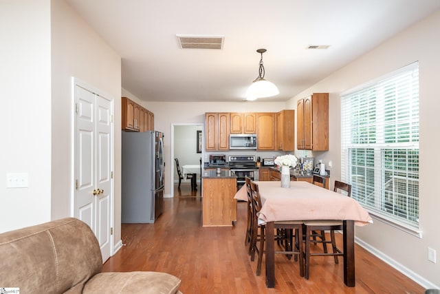 kitchen featuring stainless steel appliances, hardwood / wood-style floors, a center island, and pendant lighting