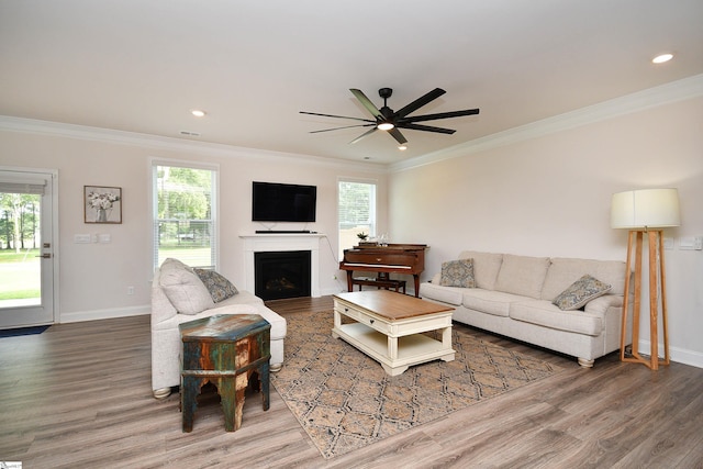 living room with wood-type flooring, crown molding, and ceiling fan