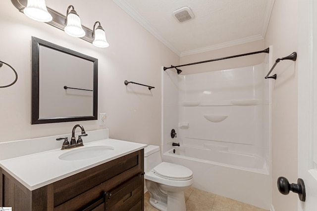 full bathroom featuring crown molding, bathing tub / shower combination, vanity, tile patterned floors, and toilet