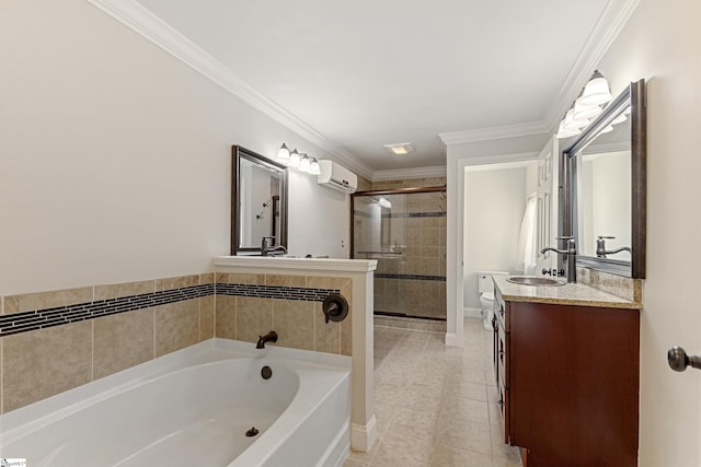 full bathroom with crown molding, tile patterned flooring, a wall mounted AC, vanity, and toilet