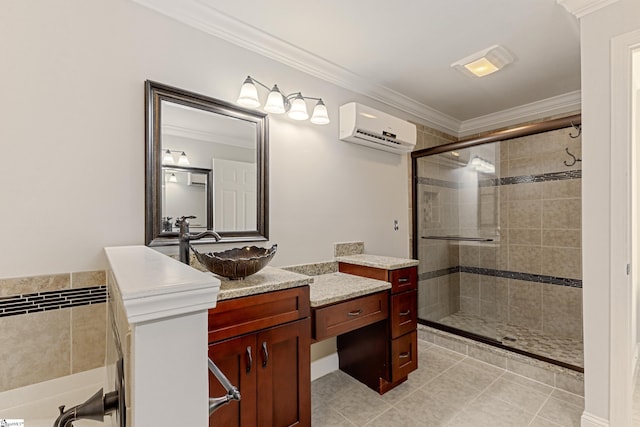 bathroom with walk in shower, a wall mounted air conditioner, ornamental molding, vanity, and tile patterned flooring