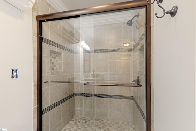 bathroom with a shower with door