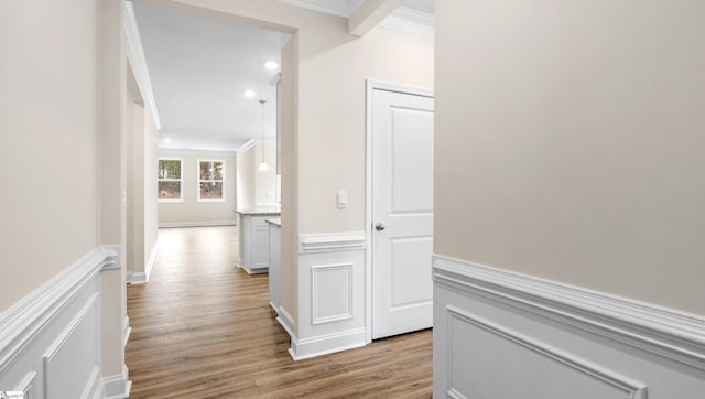 hall with light wood-style floors, a decorative wall, crown molding, and wainscoting