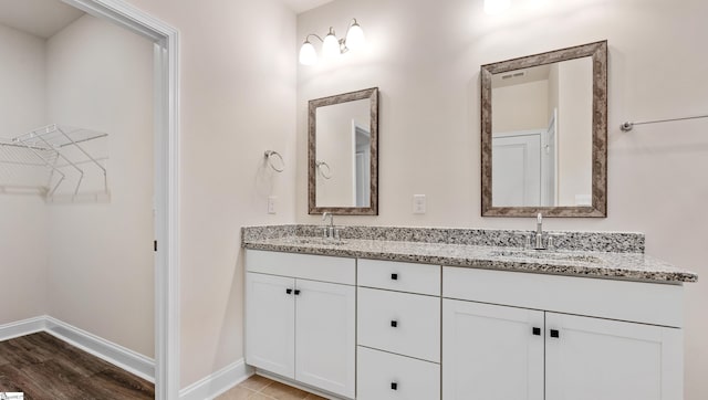 bathroom with double vanity, a spacious closet, baseboards, and a sink