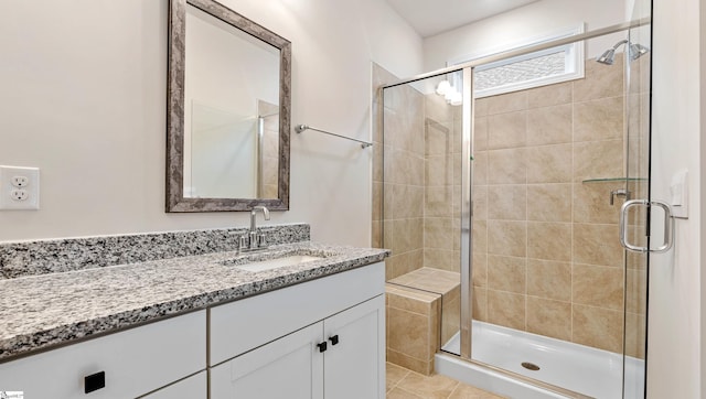 full bath featuring a stall shower, tile patterned flooring, and vanity