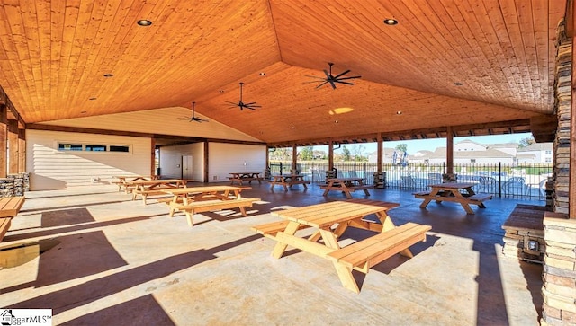 view of patio / terrace featuring ceiling fan, outdoor dining area, and fence