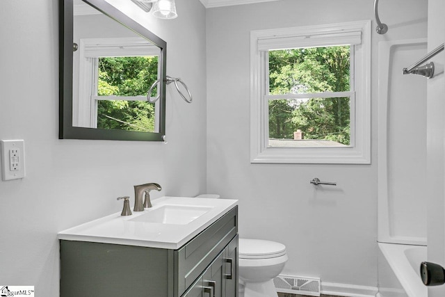 full bathroom with toilet,  shower combination, and vanity