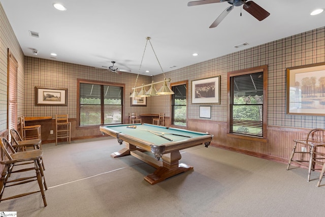 playroom with ceiling fan, billiards, and light carpet