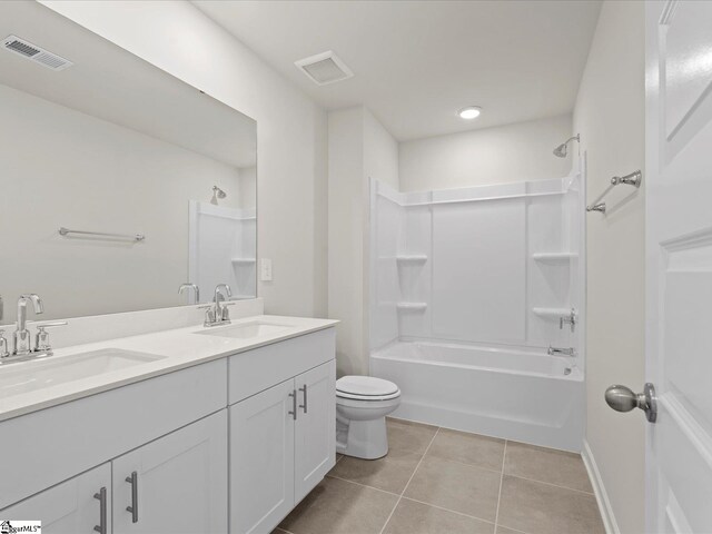 full bathroom with vanity, shower / bathing tub combination, tile patterned floors, and toilet