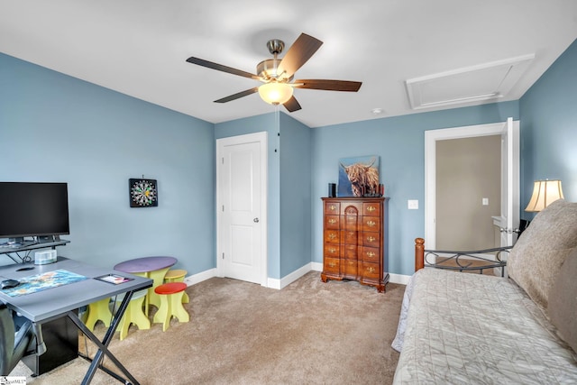 carpeted bedroom with ceiling fan