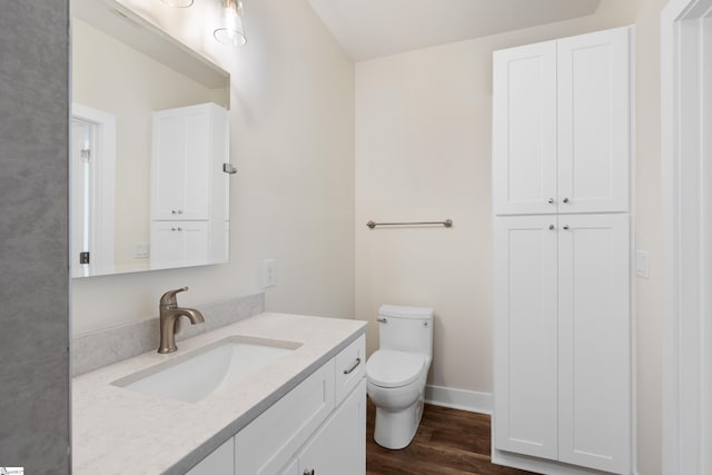 bathroom featuring vanity, toilet, and wood-type flooring