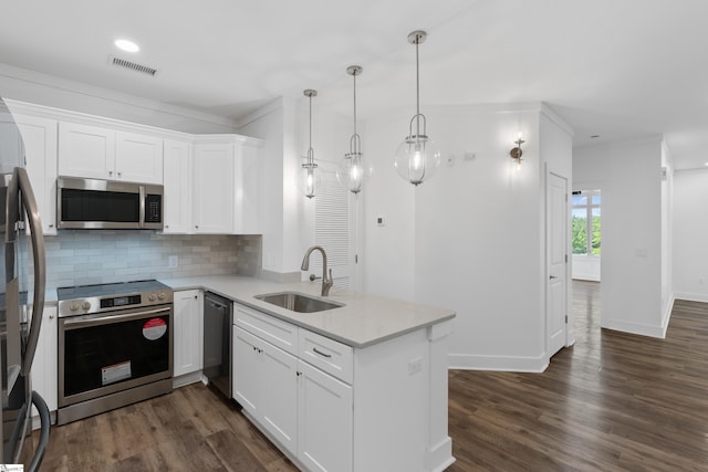 kitchen with sink, dark hardwood / wood-style flooring, stainless steel appliances, and white cabinets