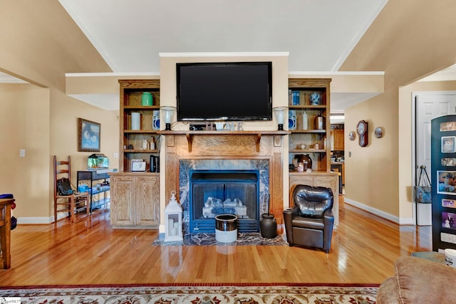 living room with a fireplace, crown molding, and light wood-type flooring