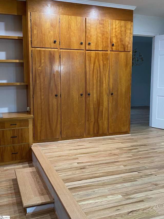 interior space featuring ornamental molding, a closet, and light hardwood / wood-style flooring