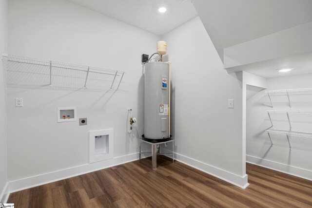 laundry room featuring water heater, hookup for an electric dryer, hardwood / wood-style floors, and washer hookup