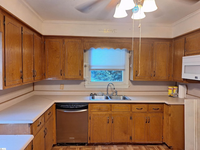 kitchen with light parquet floors, stainless steel dishwasher, ceiling fan, ornamental molding, and sink