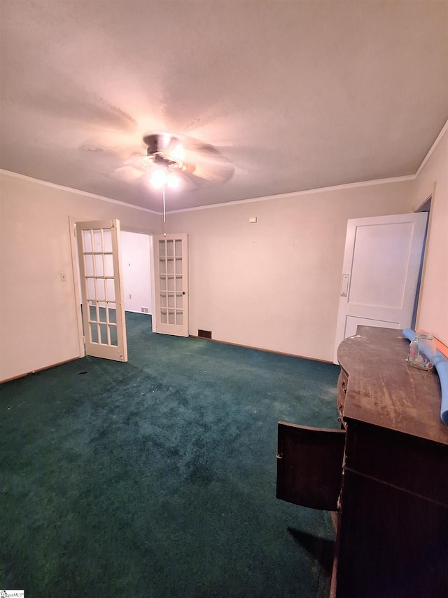 unfurnished bedroom with crown molding, ceiling fan, and carpet flooring