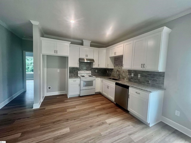 kitchen with white cabinets, backsplash, white range with electric stovetop, stainless steel dishwasher, and light wood-type flooring