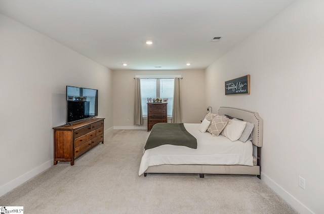 bedroom with recessed lighting, baseboards, visible vents, and light colored carpet