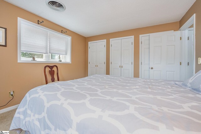 bedroom featuring a textured ceiling, visible vents, baseboards, carpet, and two closets