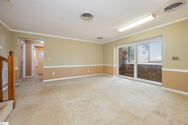 unfurnished room featuring light colored carpet, visible vents, and crown molding