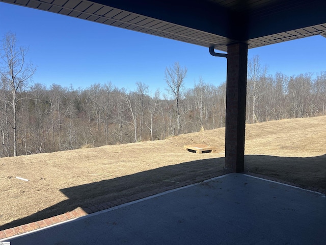 view of yard featuring a patio area and a view of trees