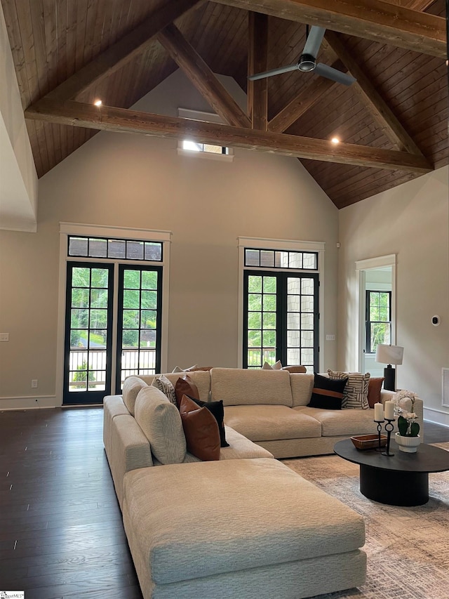 living room featuring dark hardwood / wood-style flooring, high vaulted ceiling, beam ceiling, and wooden ceiling