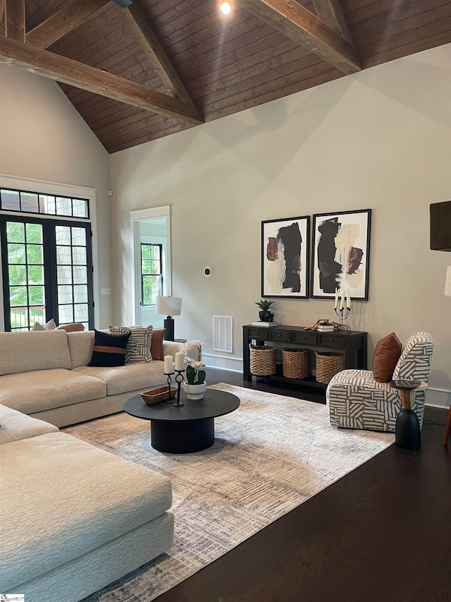 living room with beamed ceiling, wood ceiling, high vaulted ceiling, and hardwood / wood-style flooring