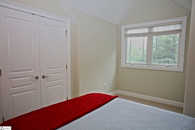 carpeted bedroom with a closet and lofted ceiling