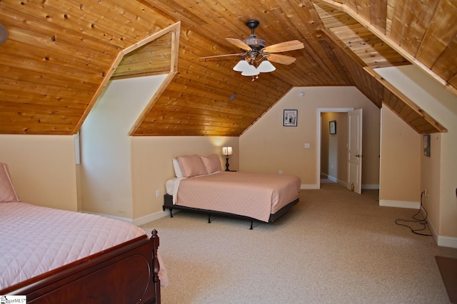 bedroom featuring wood ceiling, ceiling fan, vaulted ceiling, and light colored carpet