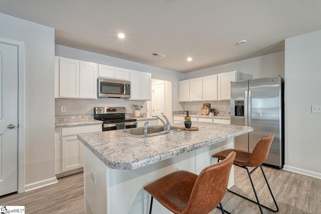 kitchen with appliances with stainless steel finishes, sink, an island with sink, and white cabinets