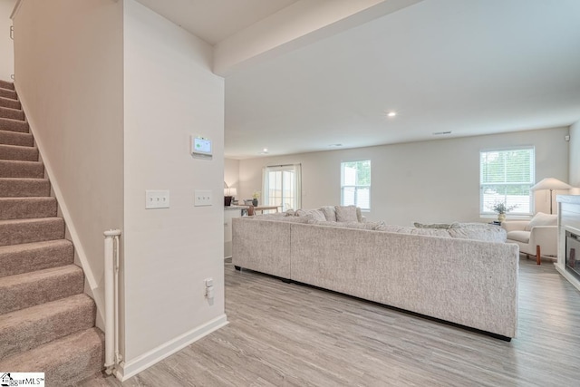 living room featuring a healthy amount of sunlight and light hardwood / wood-style floors