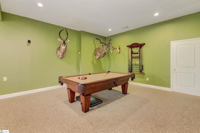 playroom featuring light colored carpet and pool table