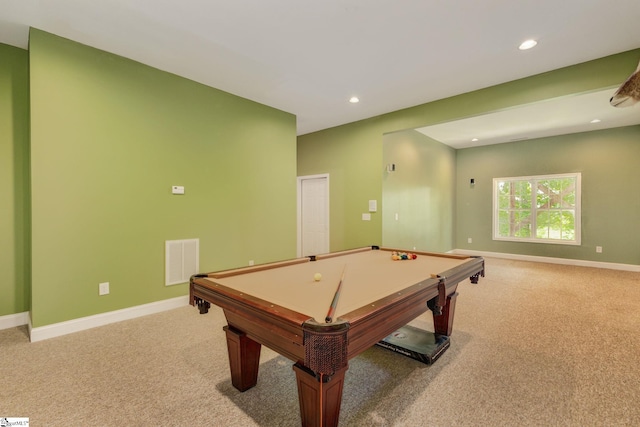 game room with light colored carpet and pool table