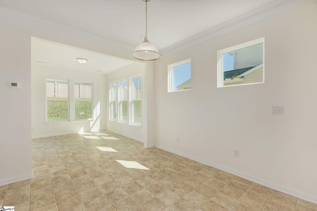 unfurnished room with light tile patterned flooring and ornamental molding