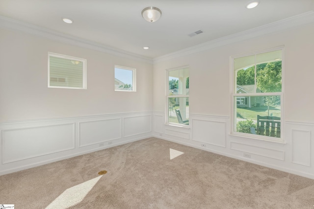 spare room featuring ornamental molding and light colored carpet